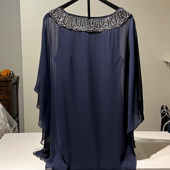 Embellished Chiffon Cape Overlay Dress with Sparkle Accents - Picture 2 of 3